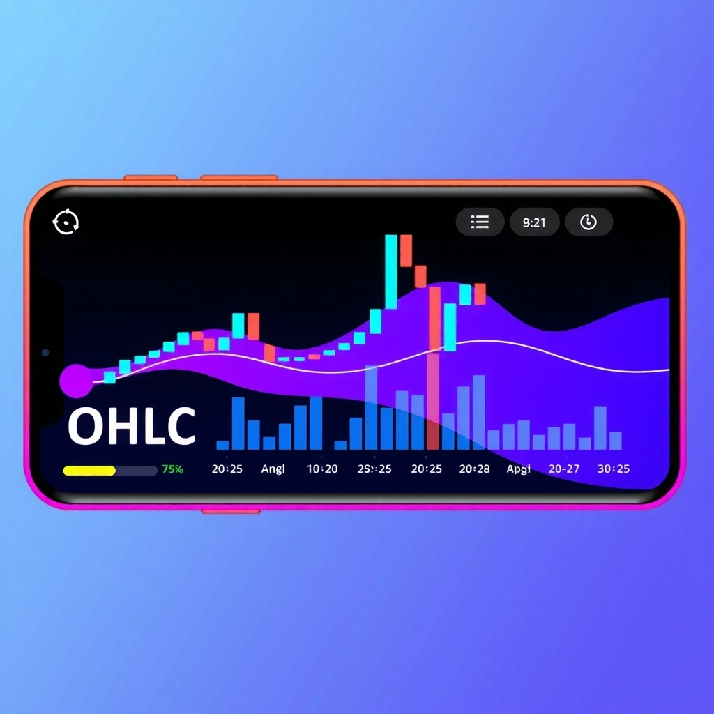 Mobile trading game interface showing candlestick charts