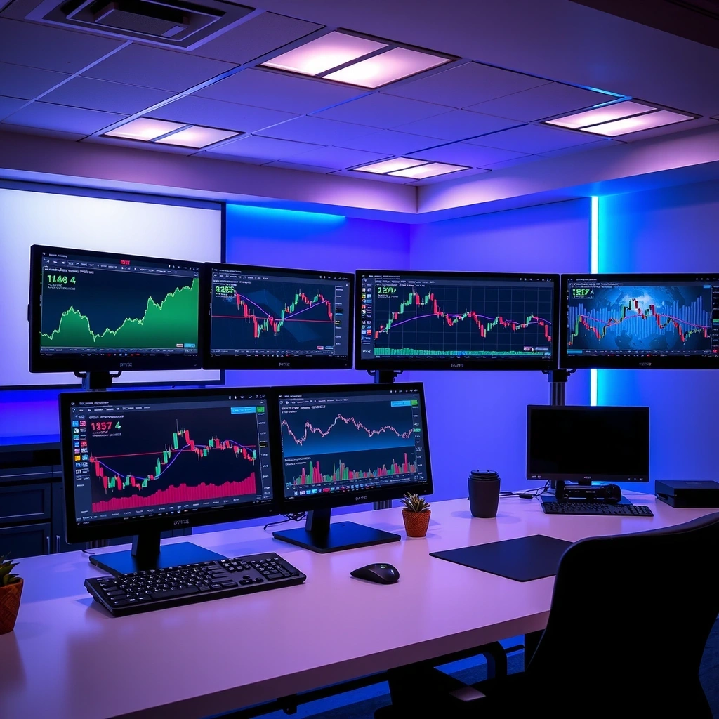 Professional mobile game development workspace with trading charts